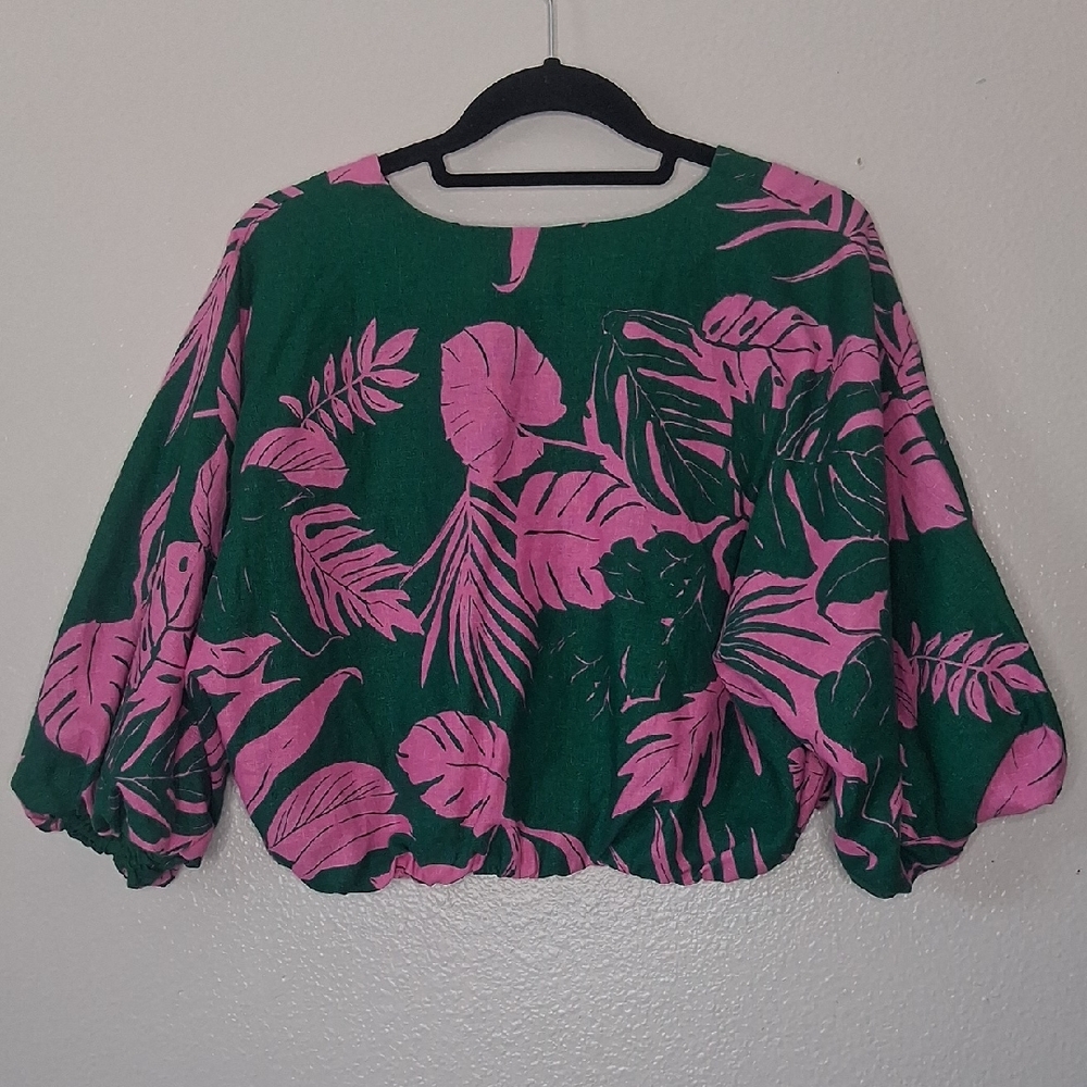 Maison d 'Amelie Paris Cropped Top Green & Pink Leaf Tropical Print M - Picture 3 of 16